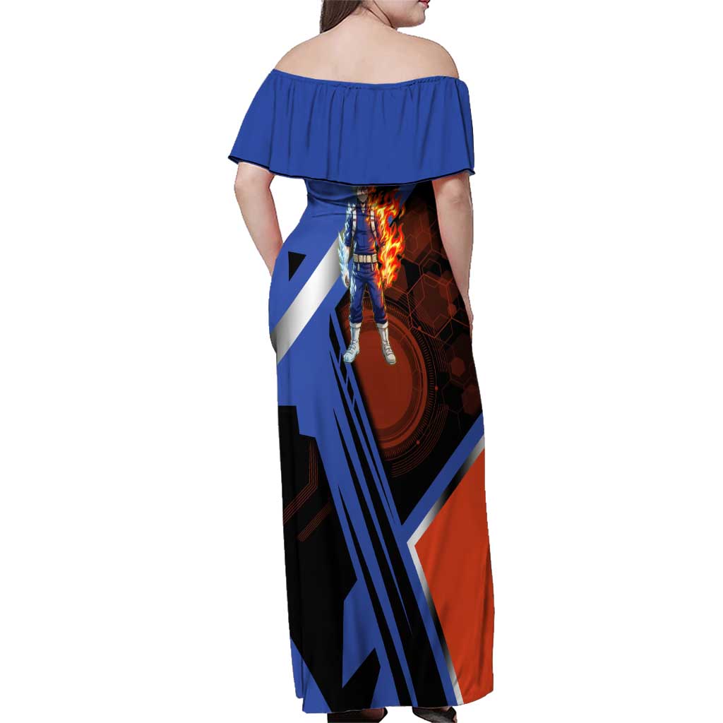 Shoto Todoroki Family Matching Off Shoulder Maxi Dress and Hawaiian Shirt Split Fire and Ice Anime Illustration with Elemental Energy Effects
