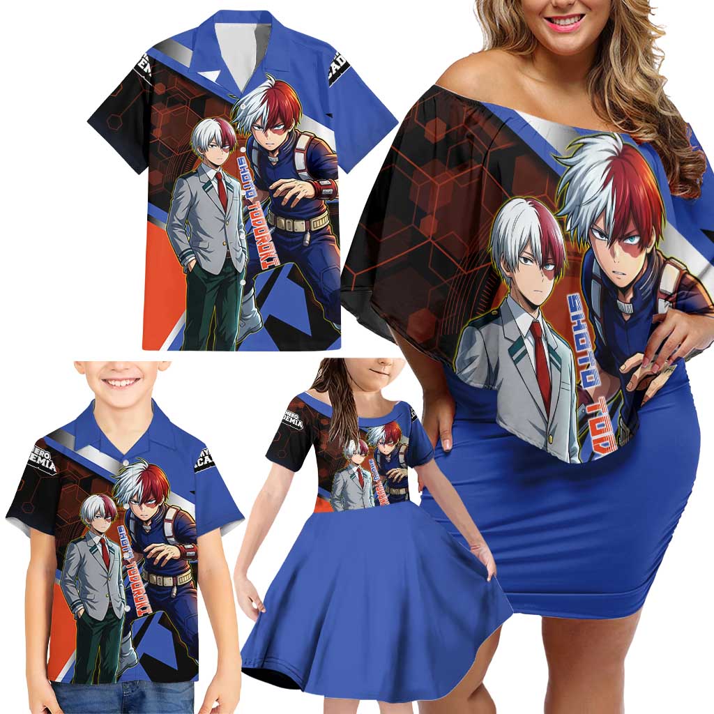 Shoto Todoroki Family Matching Off Shoulder Short Dress and Hawaiian Shirt Split Fire and Ice Anime Illustration with Elemental Energy Effects