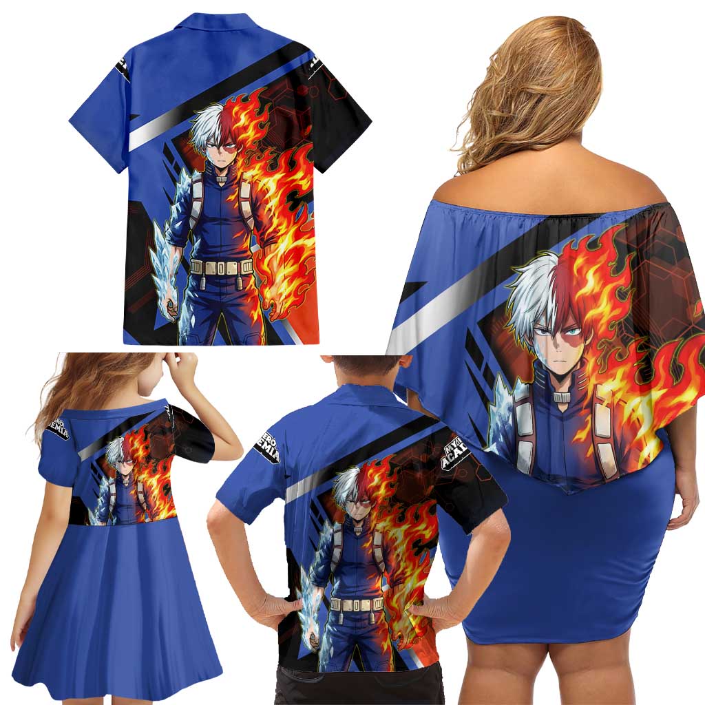 Shoto Todoroki Family Matching Off Shoulder Short Dress and Hawaiian Shirt Split Fire and Ice Anime Illustration with Elemental Energy Effects