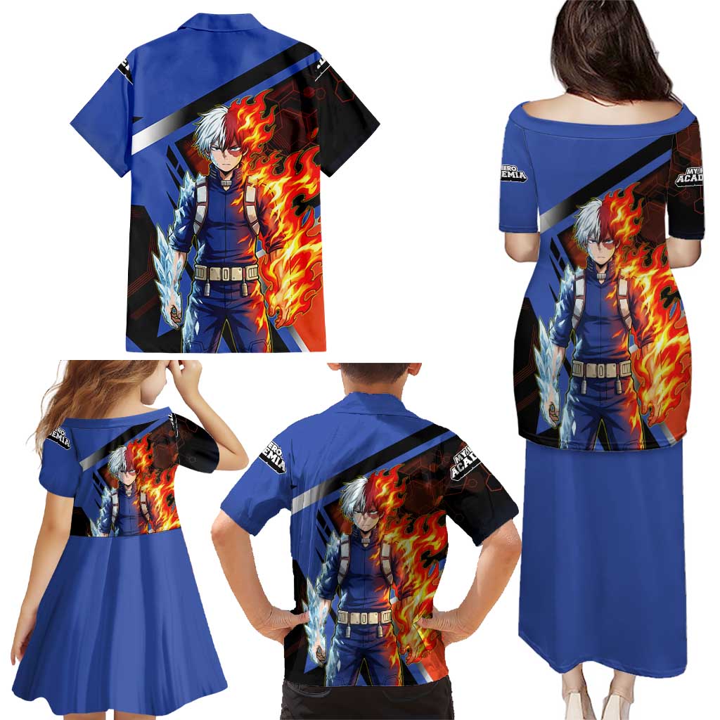 Shoto Todoroki Family Matching Puletasi and Hawaiian Shirt Split Fire and Ice Anime Illustration with Elemental Energy Effects