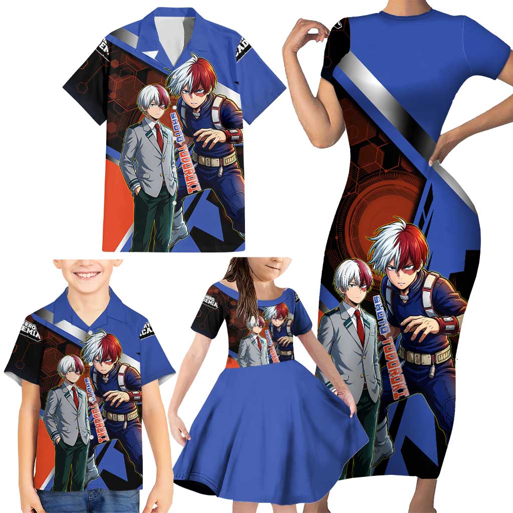 Shoto Todoroki Family Matching Short Sleeve Bodycon Dress and Hawaiian Shirt Split Fire and Ice Anime Illustration with Elemental Energy Effects