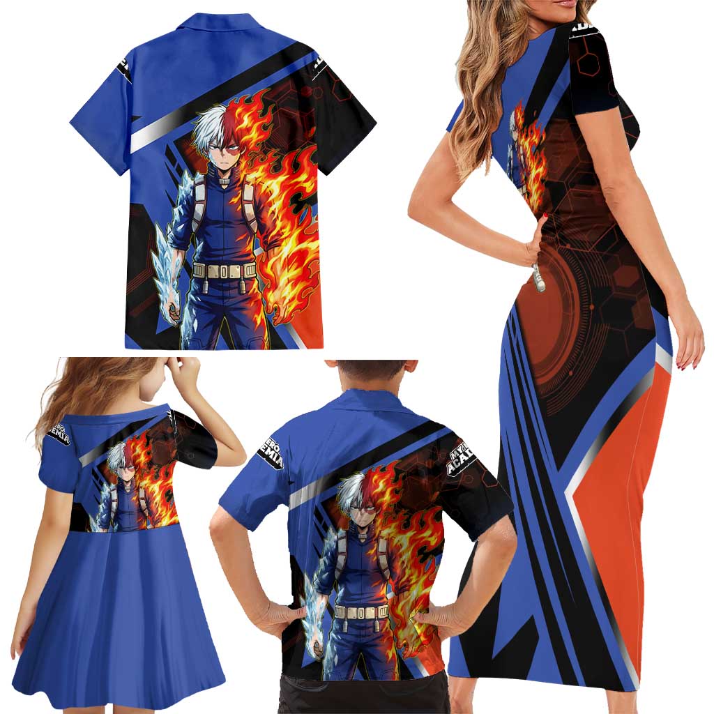 Shoto Todoroki Family Matching Short Sleeve Bodycon Dress and Hawaiian Shirt Split Fire and Ice Anime Illustration with Elemental Energy Effects