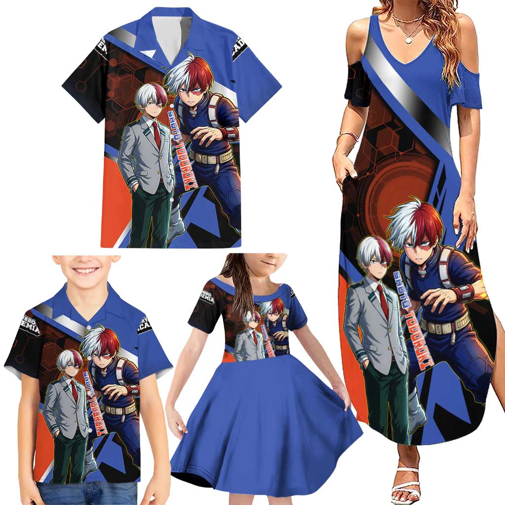 Shoto Todoroki Family Matching Summer Maxi Dress and Hawaiian Shirt Split Fire and Ice Anime Illustration with Elemental Energy Effects