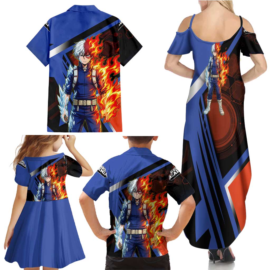 Shoto Todoroki Family Matching Summer Maxi Dress and Hawaiian Shirt Split Fire and Ice Anime Illustration with Elemental Energy Effects