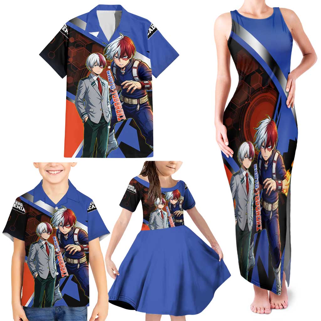 Shoto Todoroki Family Matching Tank Maxi Dress and Hawaiian Shirt Split Fire and Ice Anime Illustration with Elemental Energy Effects