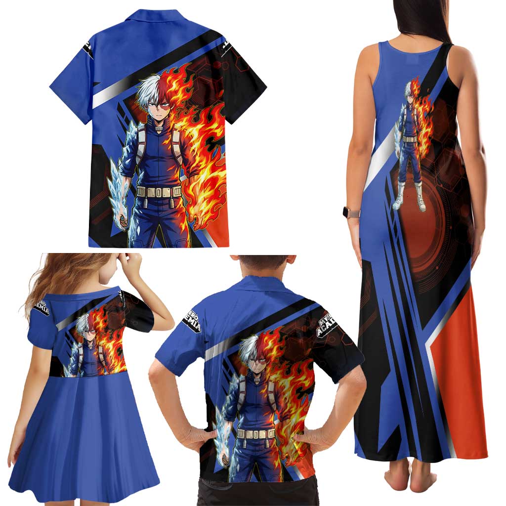 Shoto Todoroki Family Matching Tank Maxi Dress and Hawaiian Shirt Split Fire and Ice Anime Illustration with Elemental Energy Effects