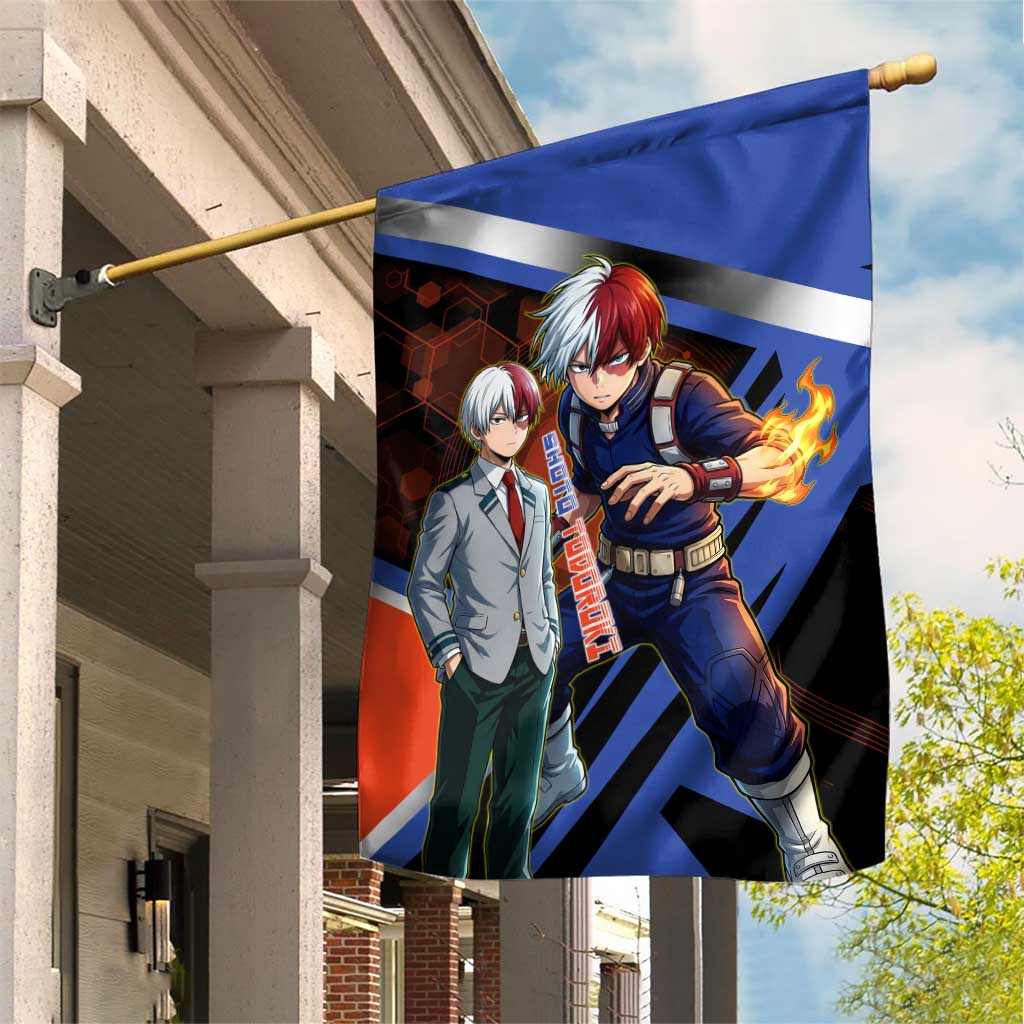 Shoto Todoroki Garden Flag Split Fire and Ice Anime Illustration with Elemental Energy Effects