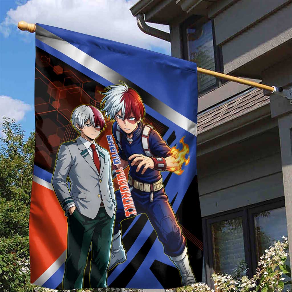 Shoto Todoroki Garden Flag Split Fire and Ice Anime Illustration with Elemental Energy Effects