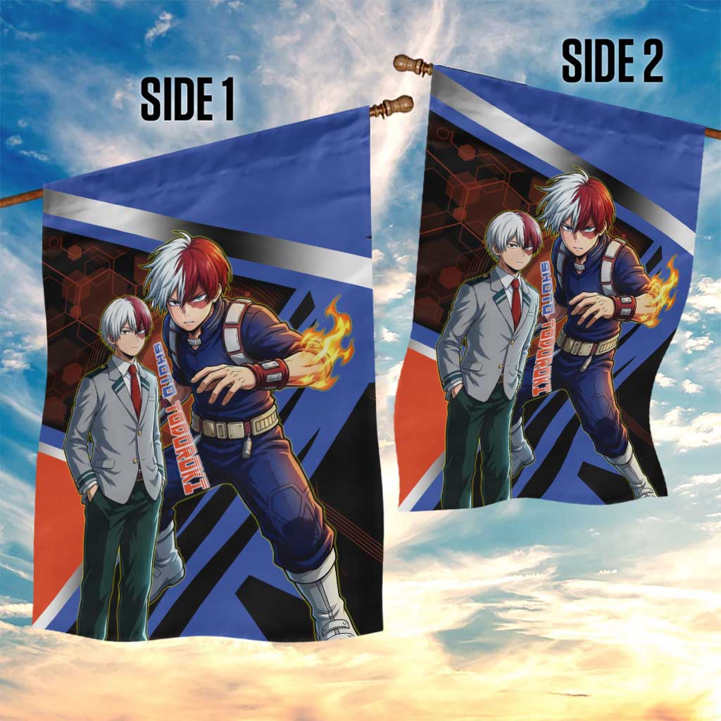 Shoto Todoroki Garden Flag Split Fire and Ice Anime Illustration with Elemental Energy Effects