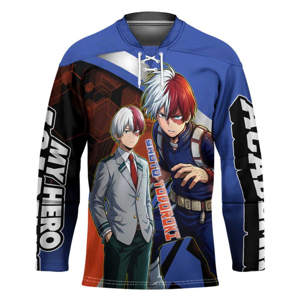 Shoto Todoroki Hockey Jersey Split Fire and Ice Anime Illustration with Elemental Energy Effects