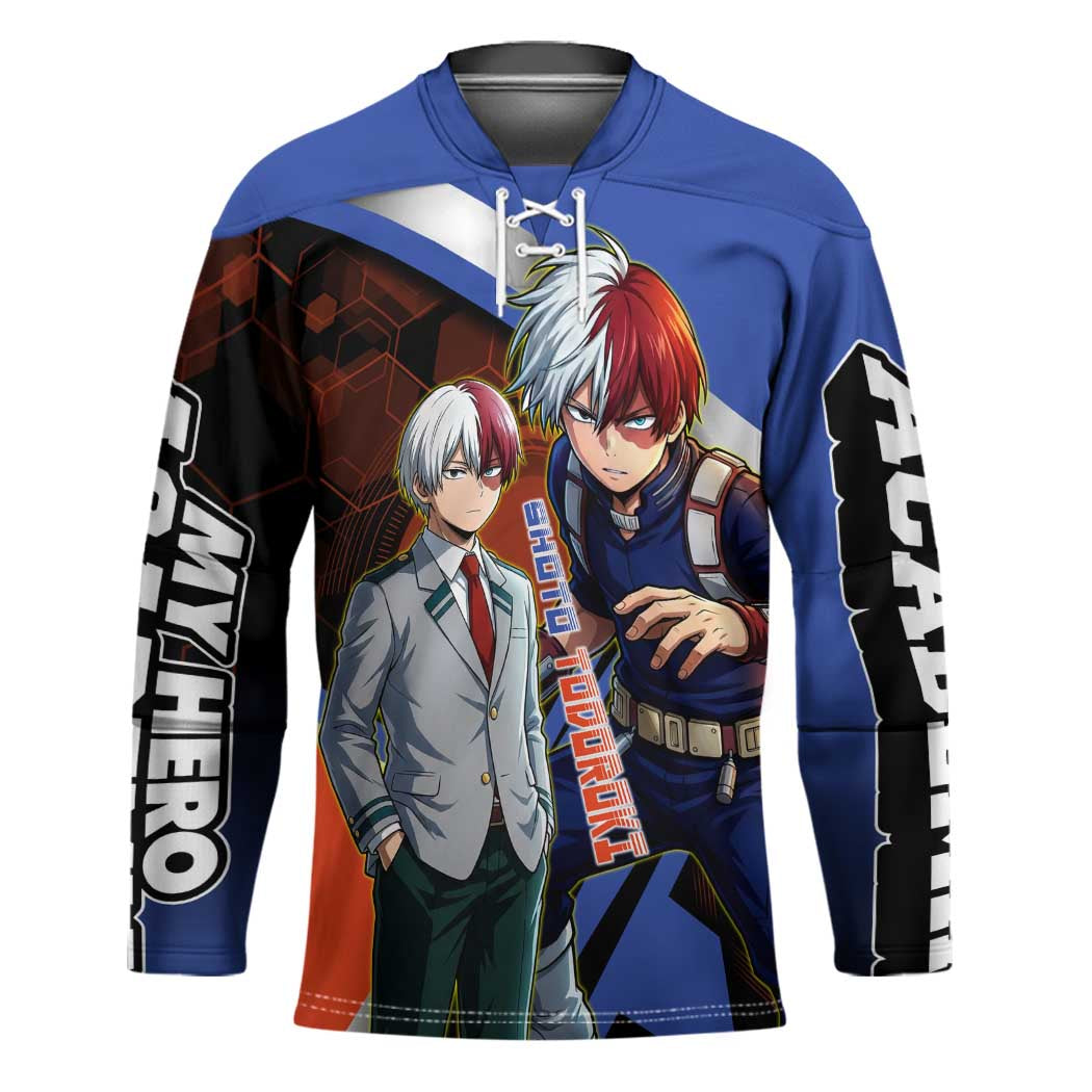Shoto Todoroki Hockey Jersey Split Fire and Ice Anime Illustration with Elemental Energy Effects