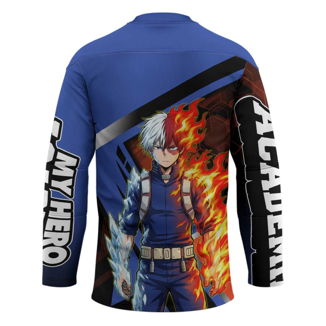 Shoto Todoroki Hockey Jersey Split Fire and Ice Anime Illustration with Elemental Energy Effects
