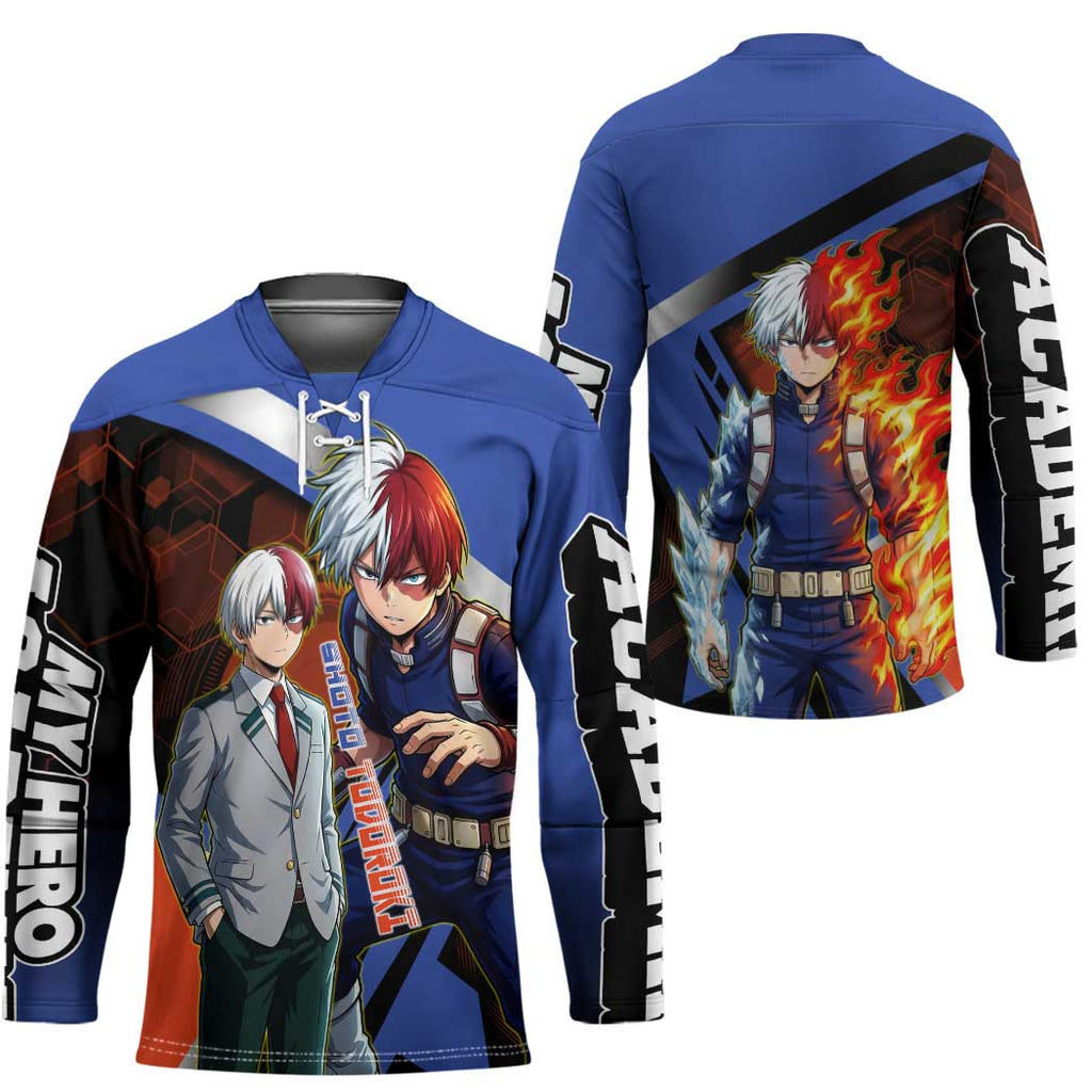 Shoto Todoroki Hockey Jersey Split Fire and Ice Anime Illustration with Elemental Energy Effects