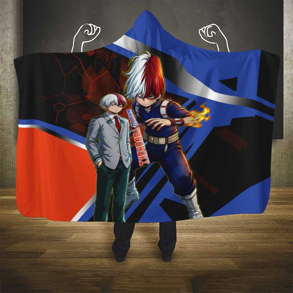 Shoto Todoroki Hooded Blanket Split Fire and Ice Anime Illustration with Elemental Energy Effects