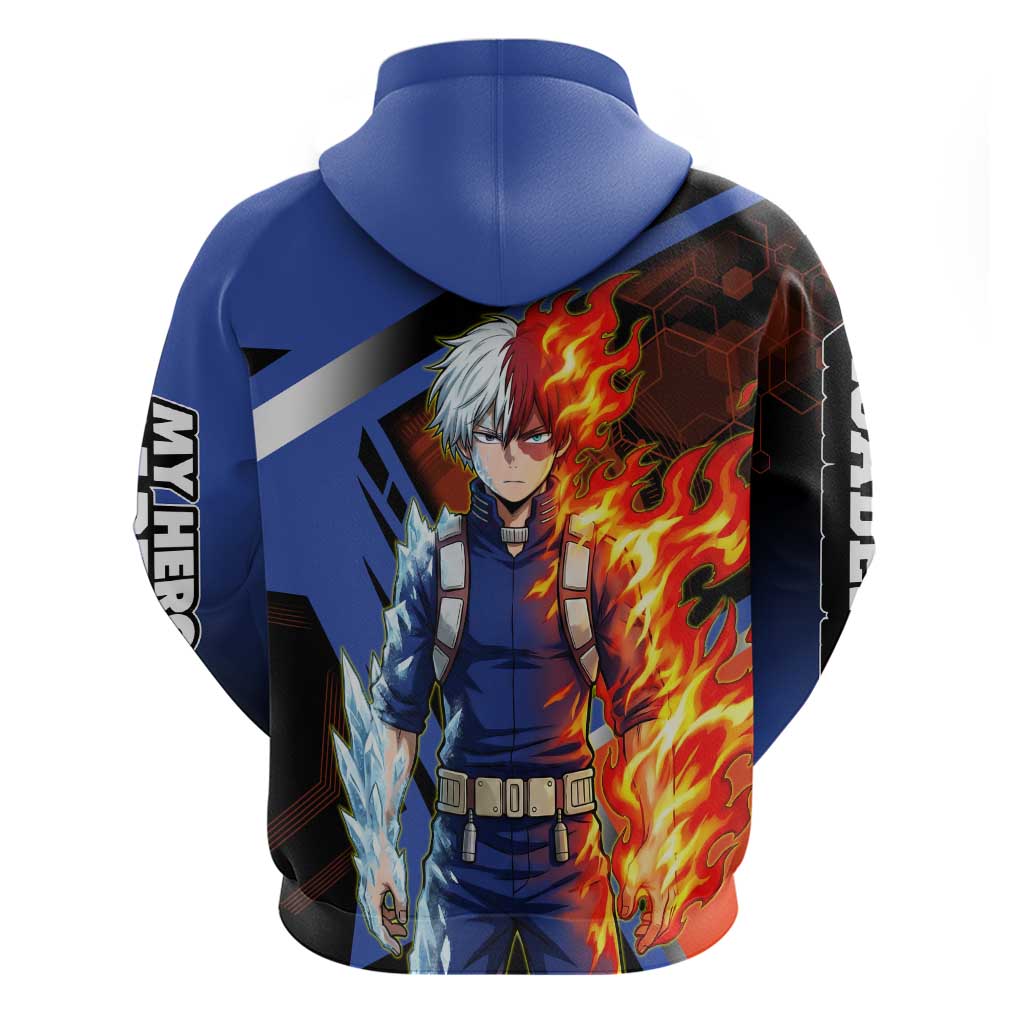 Shoto Todoroki Hoodie Split Fire and Ice Anime Illustration with Elemental Energy Effects