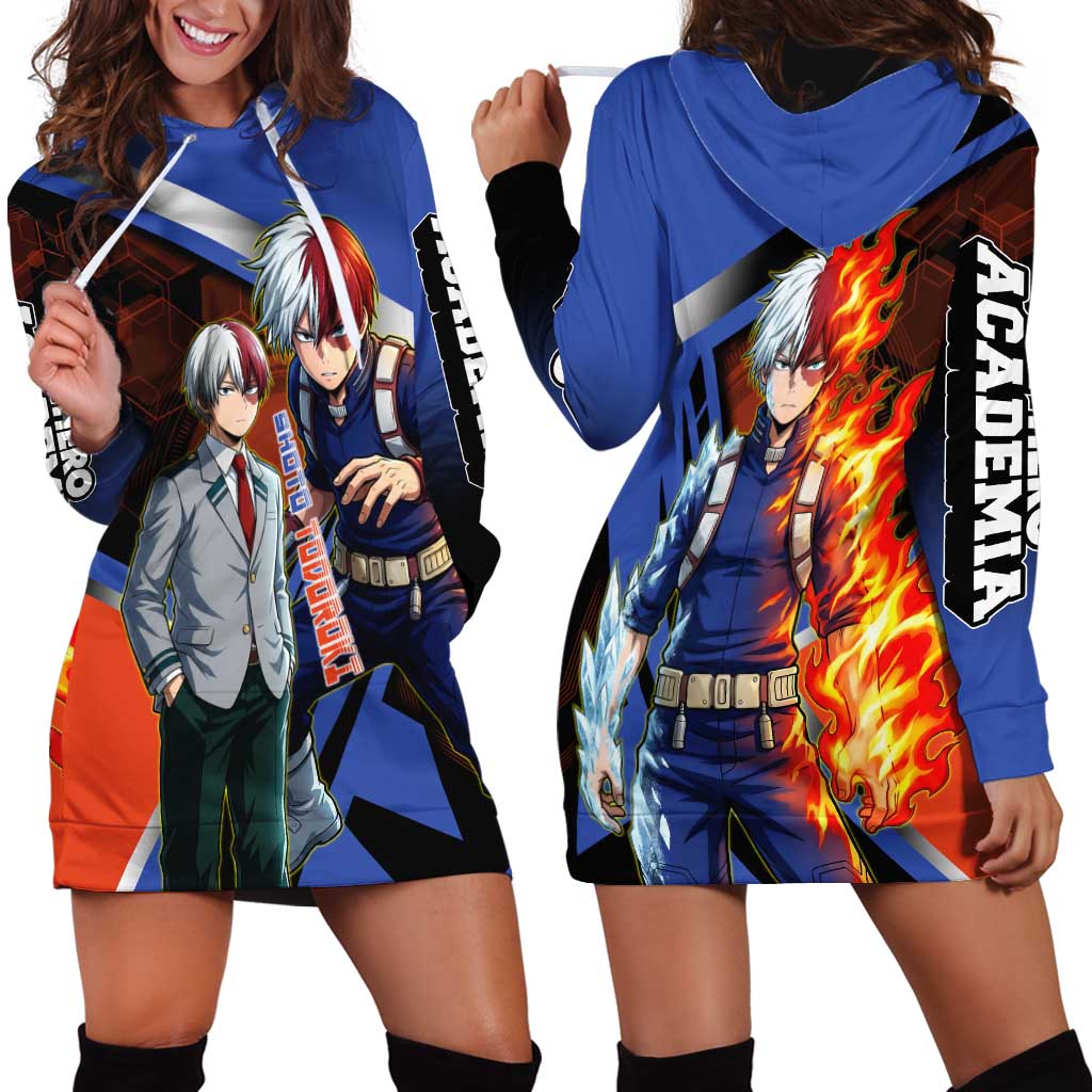 Shoto Todoroki Hoodie Dress Split Fire and Ice Anime Illustration with Elemental Energy Effects