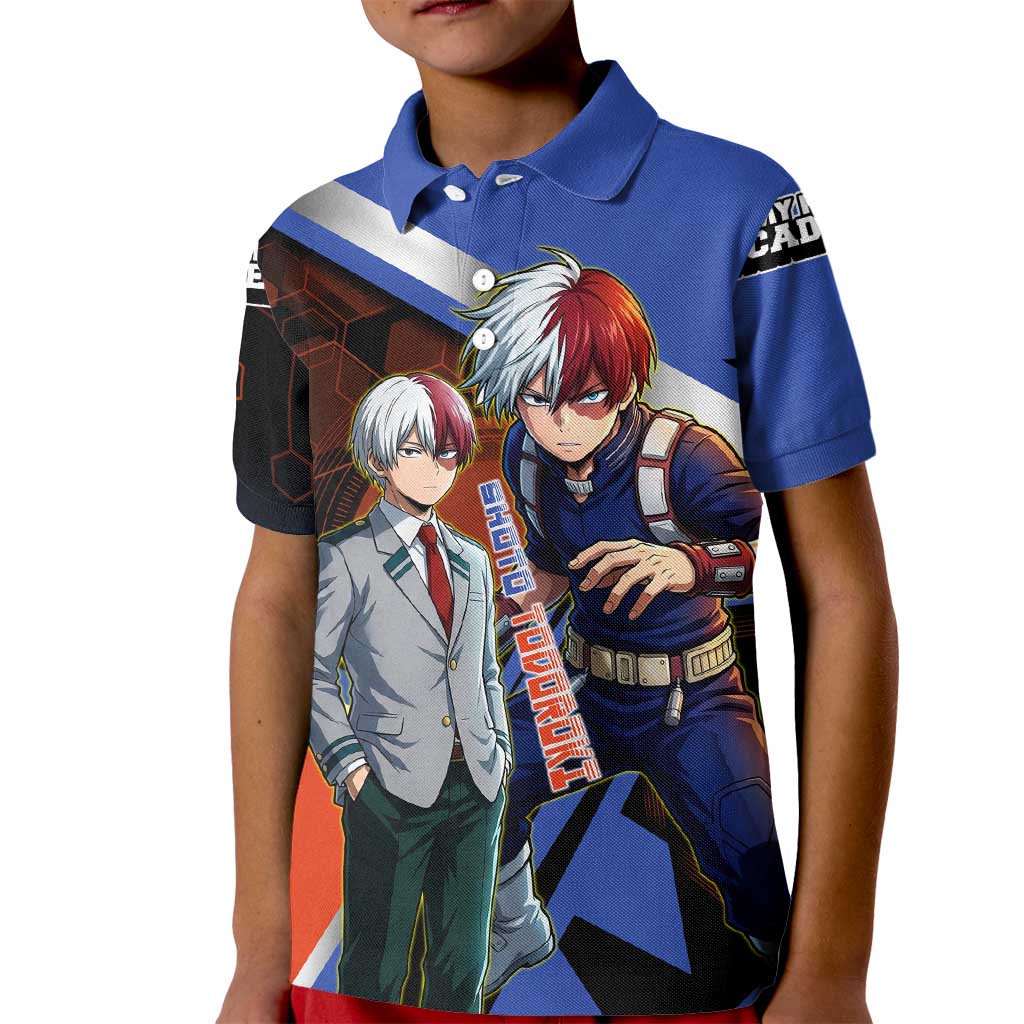 Shoto Todoroki Kid Polo Shirt Split Fire and Ice Anime Illustration with Elemental Energy Effects