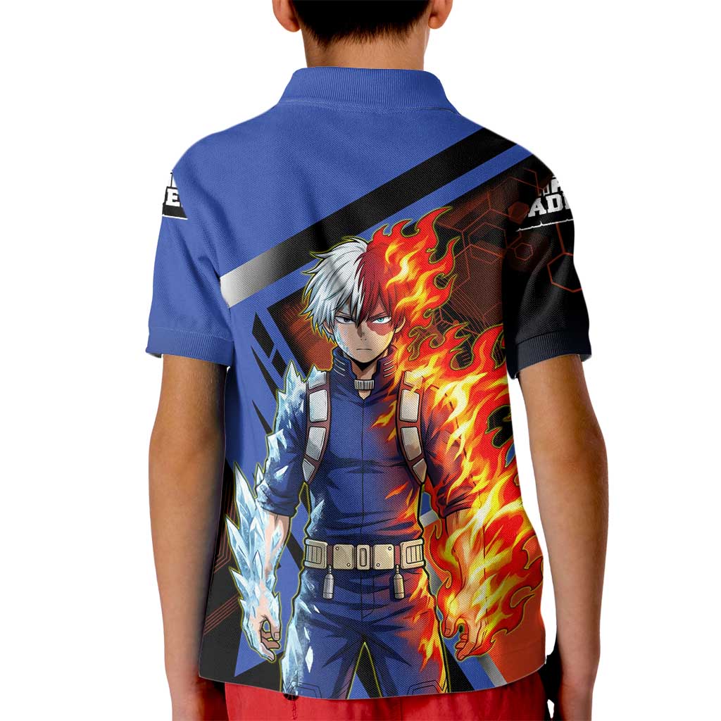 Shoto Todoroki Kid Polo Shirt Split Fire and Ice Anime Illustration with Elemental Energy Effects