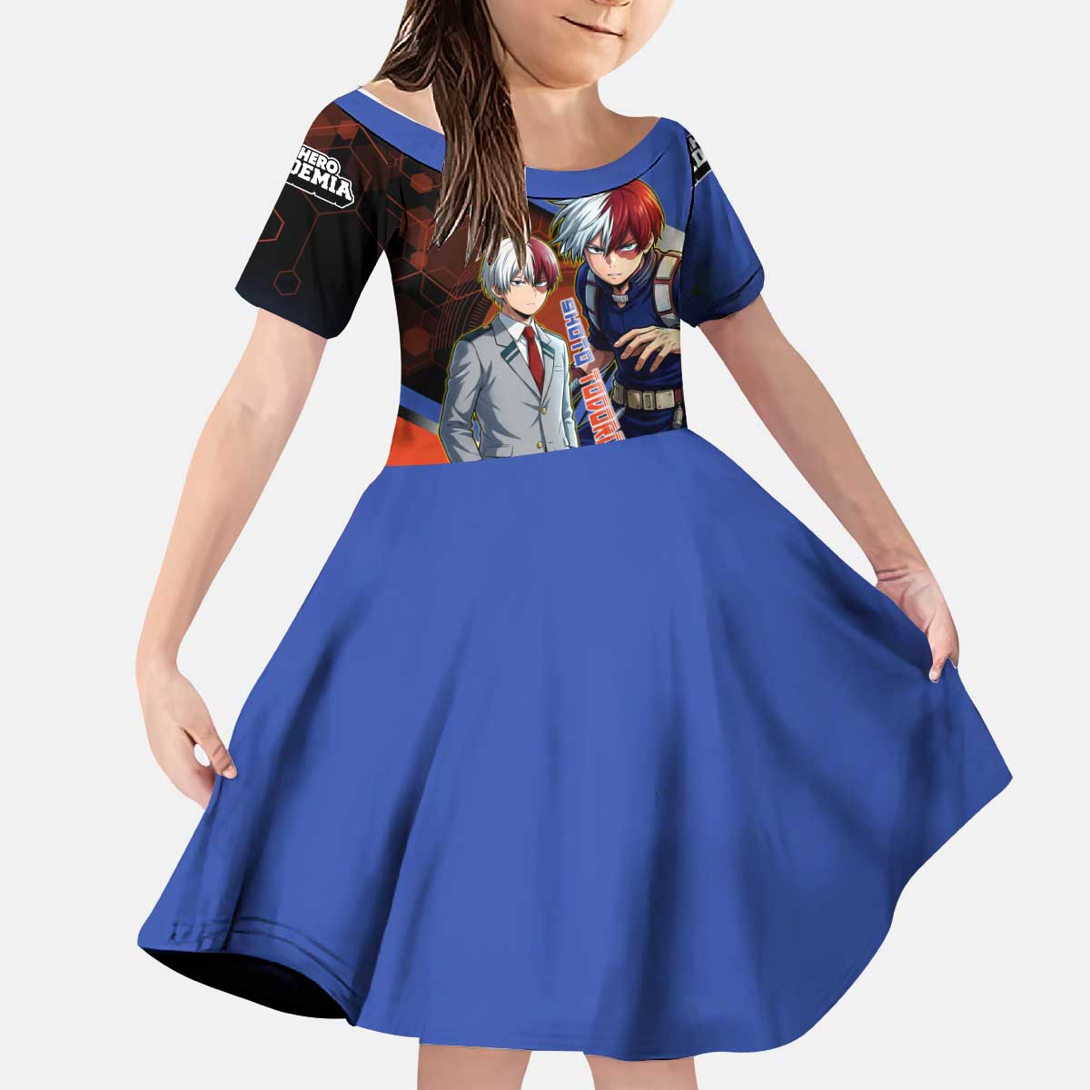 Shoto Todoroki Kid Short Sleeve Dress Split Fire and Ice Anime Illustration with Elemental Energy Effects