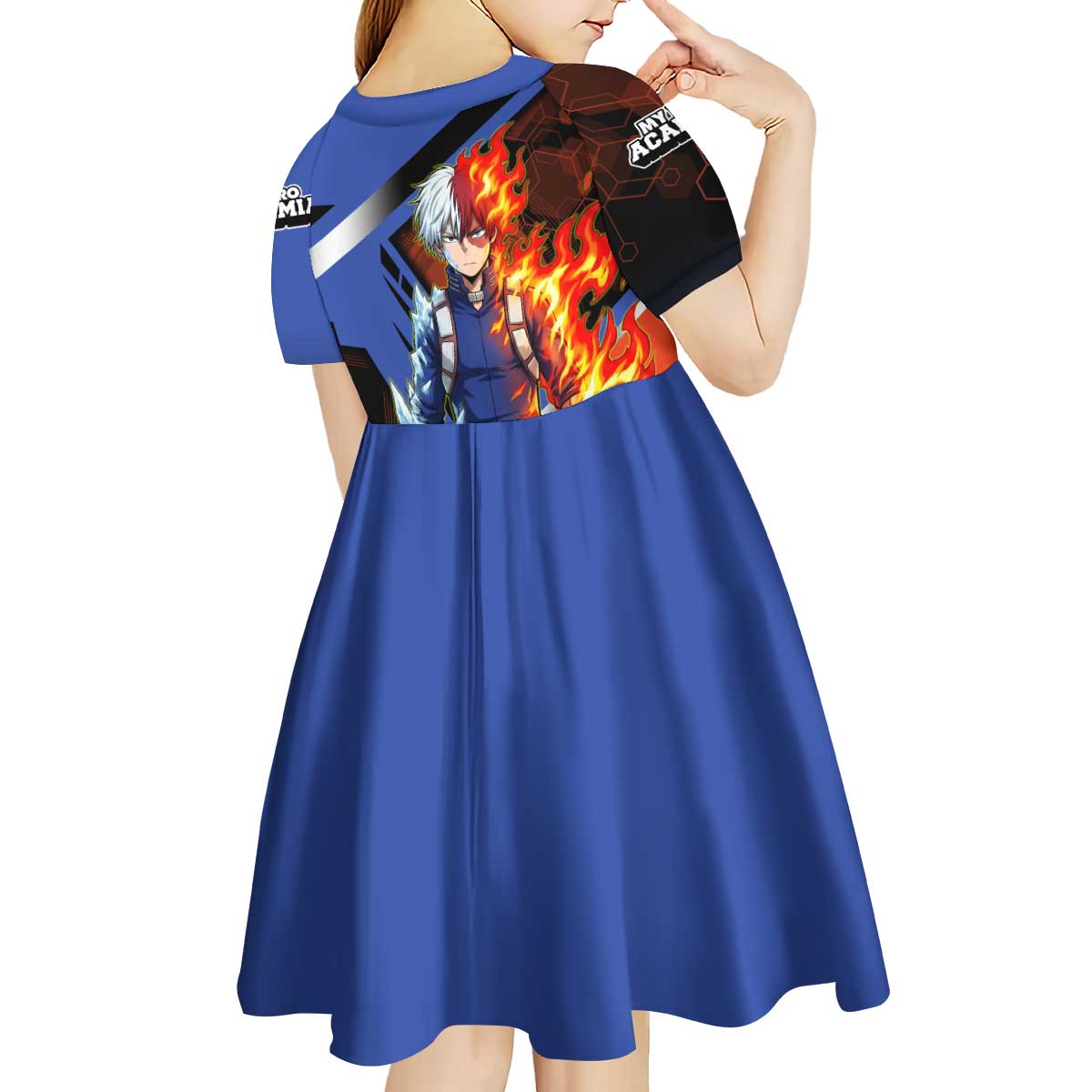 Shoto Todoroki Kid Short Sleeve Dress Split Fire and Ice Anime Illustration with Elemental Energy Effects