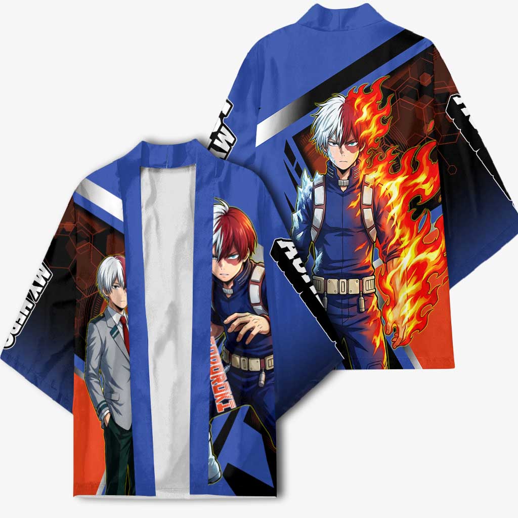 Shoto Todoroki Kimono Split Fire and Ice Anime Illustration with Elemental Energy Effects