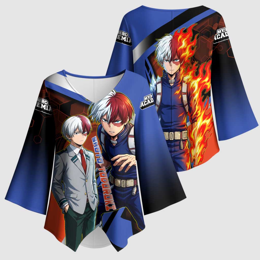 Shoto Todoroki Kimono Sleeve Blouse Split Fire and Ice Anime Illustration with Elemental Energy Effects