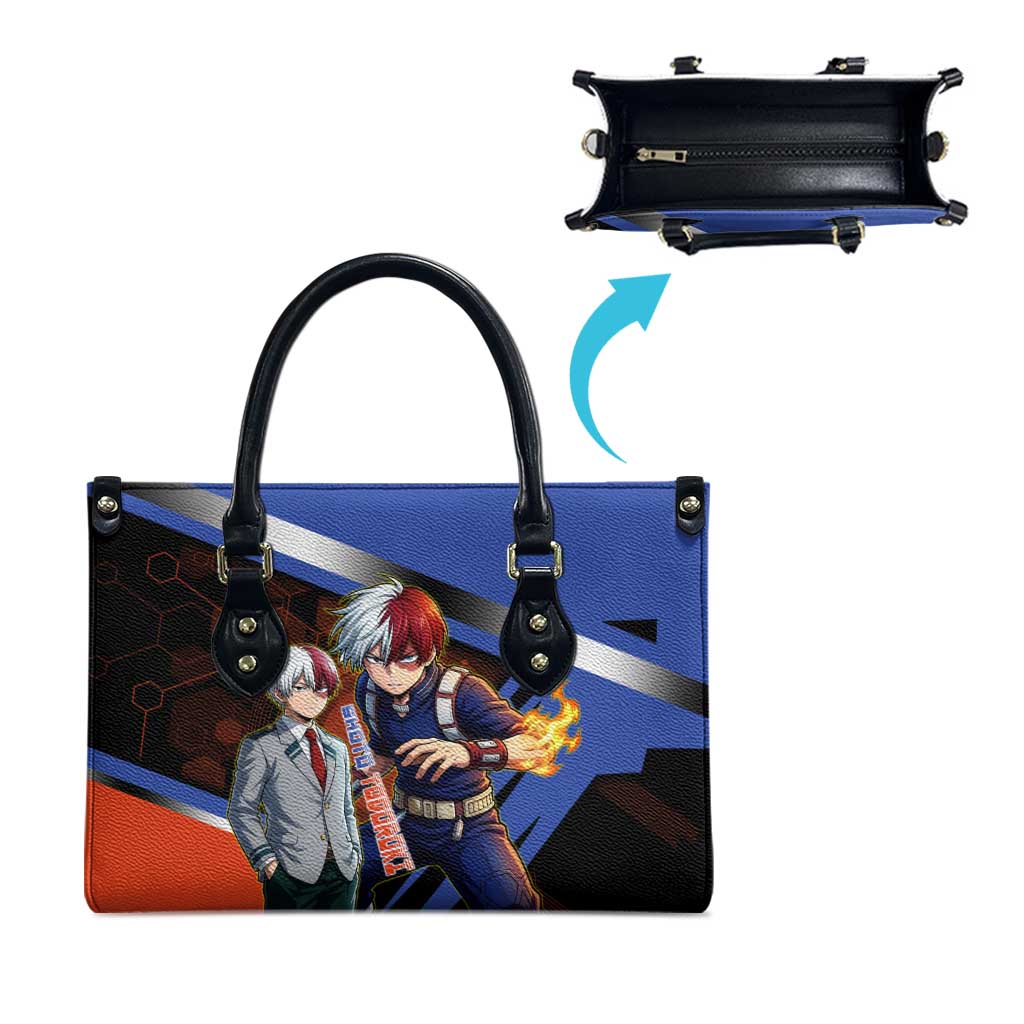 Shoto Todoroki Leather Bag Split Fire and Ice Anime Illustration with Elemental Energy Effects