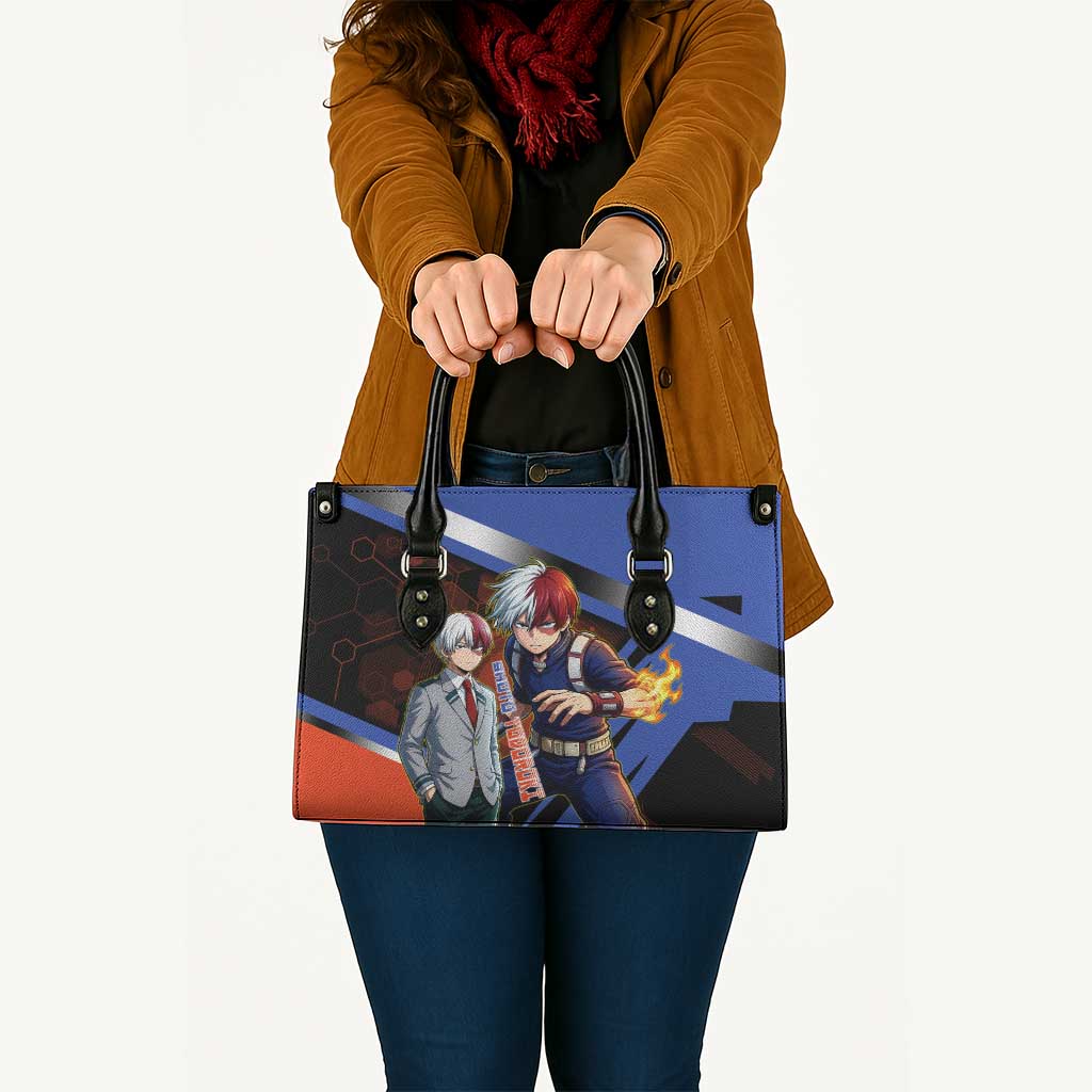 Shoto Todoroki Leather Bag Split Fire and Ice Anime Illustration with Elemental Energy Effects