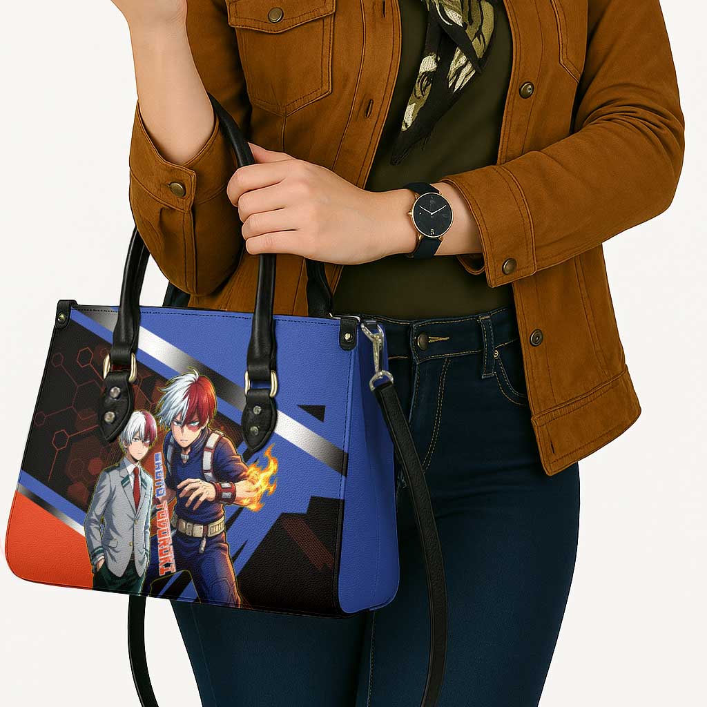 Shoto Todoroki Leather Bag Split Fire and Ice Anime Illustration with Elemental Energy Effects