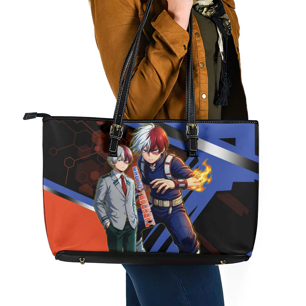 Shoto Todoroki Leather Tote Bag Split Fire and Ice Anime Illustration with Elemental Energy Effects