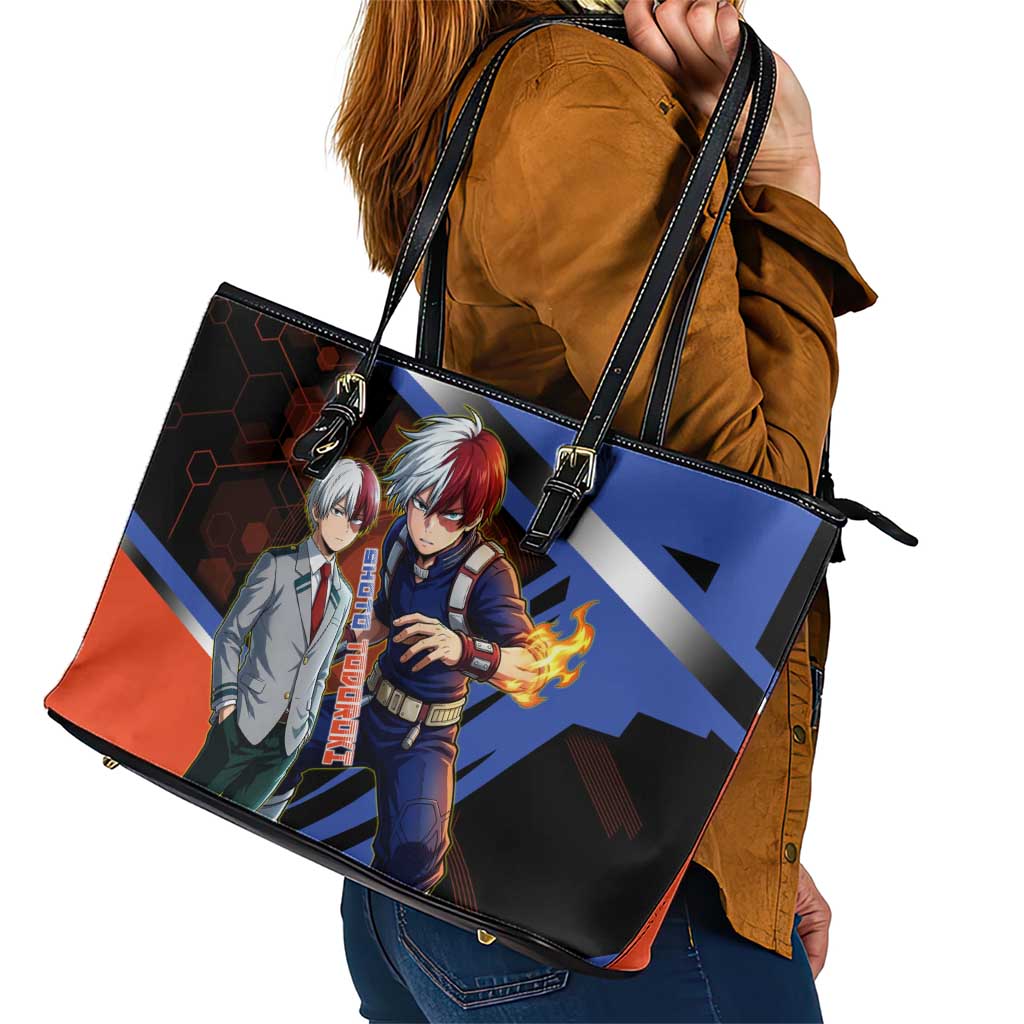 Shoto Todoroki Leather Tote Bag Split Fire and Ice Anime Illustration with Elemental Energy Effects