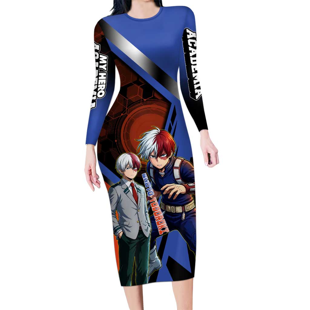 Shoto Todoroki Long Sleeve Bodycon Dress Split Fire and Ice Anime Illustration with Elemental Energy Effects