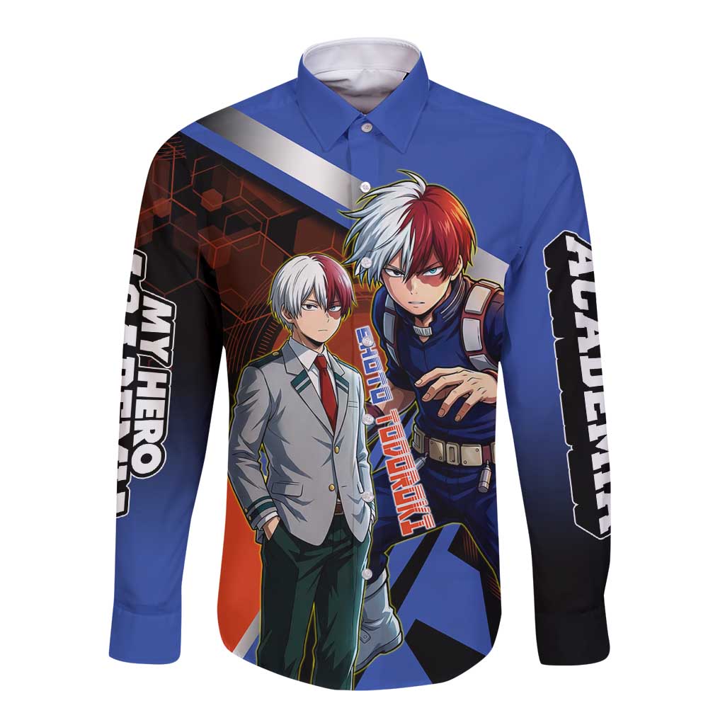 Shoto Todoroki Long Sleeve Button Shirt Split Fire and Ice Anime Illustration with Elemental Energy Effects