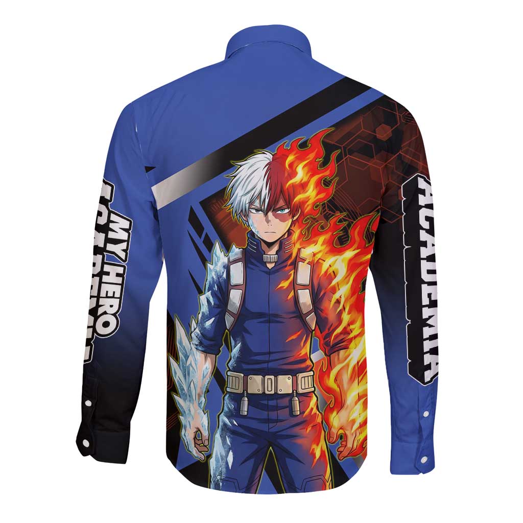 Shoto Todoroki Long Sleeve Button Shirt Split Fire and Ice Anime Illustration with Elemental Energy Effects