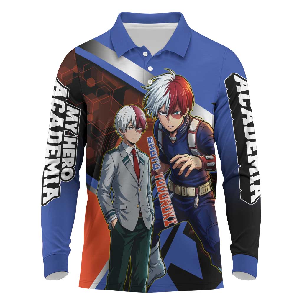 Shoto Todoroki Long Sleeve Polo Shirt Split Fire and Ice Anime Illustration with Elemental Energy Effects