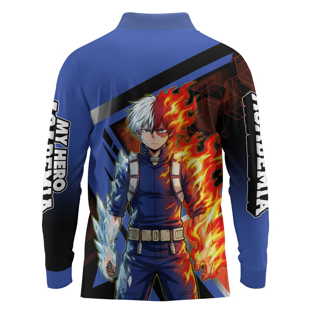 Shoto Todoroki Long Sleeve Polo Shirt Split Fire and Ice Anime Illustration with Elemental Energy Effects