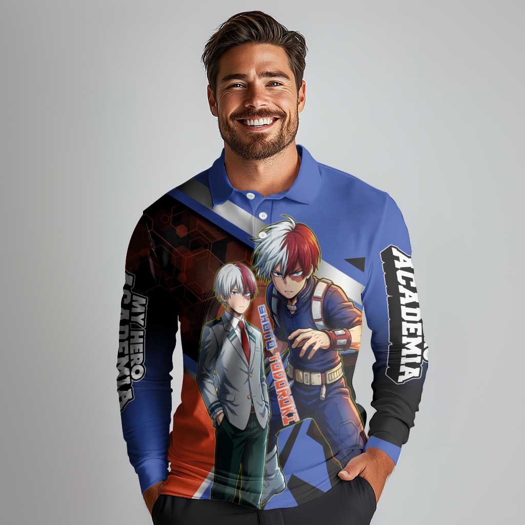 Shoto Todoroki Long Sleeve Polo Shirt Split Fire and Ice Anime Illustration with Elemental Energy Effects