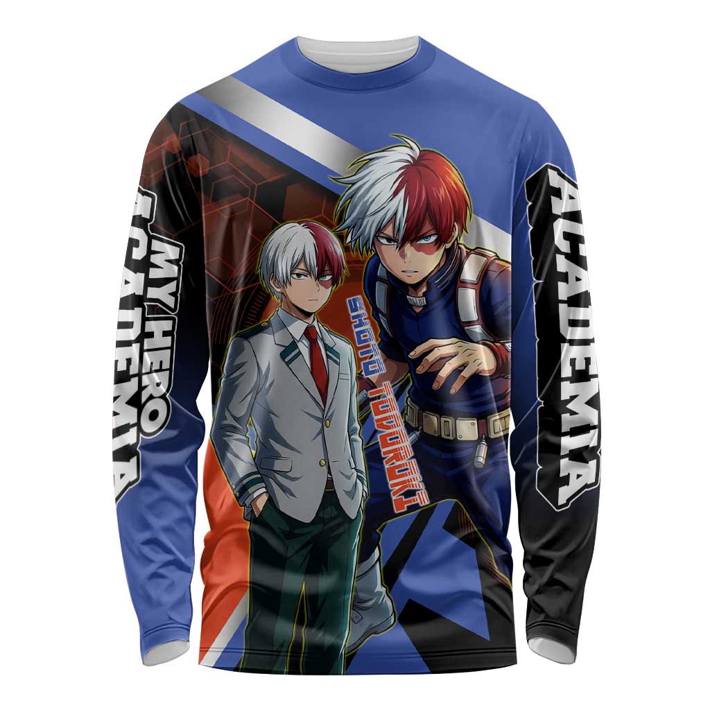 Shoto Todoroki Long Sleeve Shirt Split Fire and Ice Anime Illustration with Elemental Energy Effects