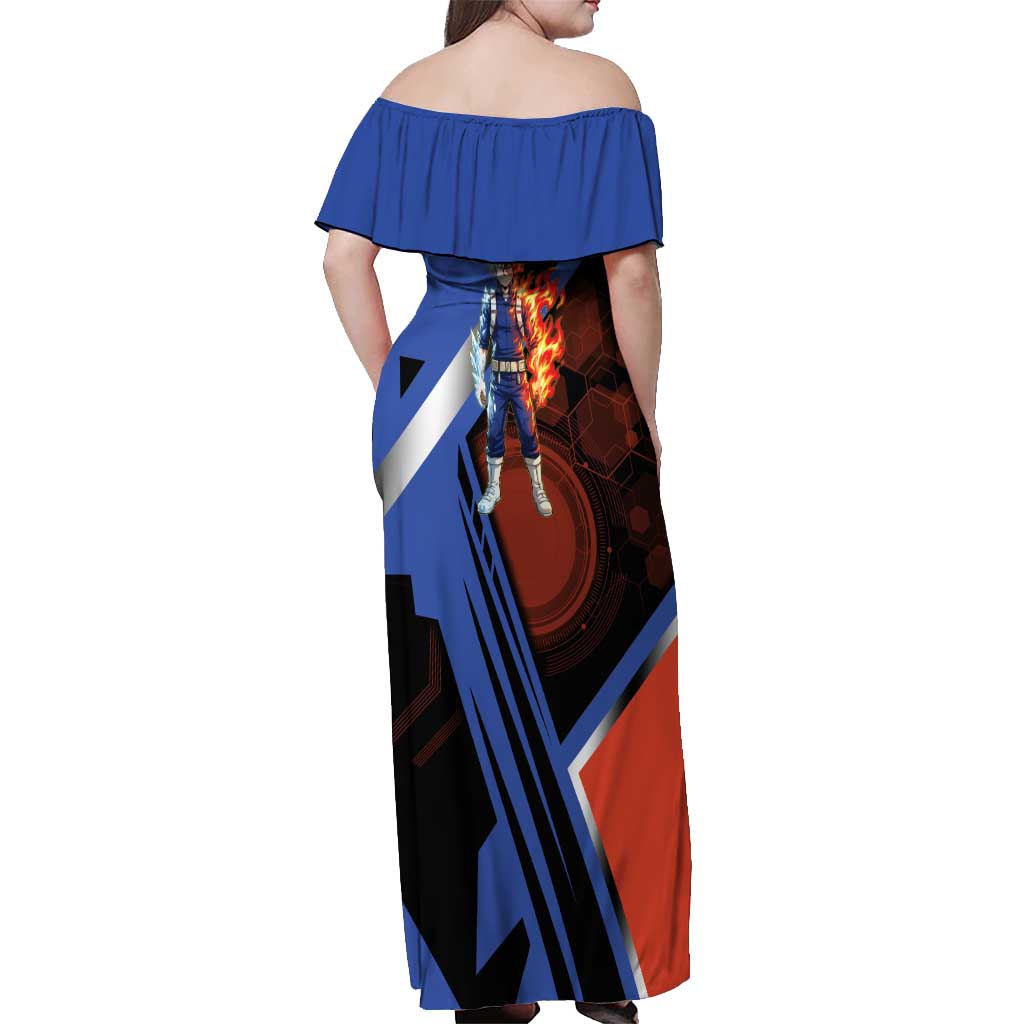 Shoto Todoroki Off Shoulder Maxi Dress Split Fire and Ice Anime Illustration with Elemental Energy Effects