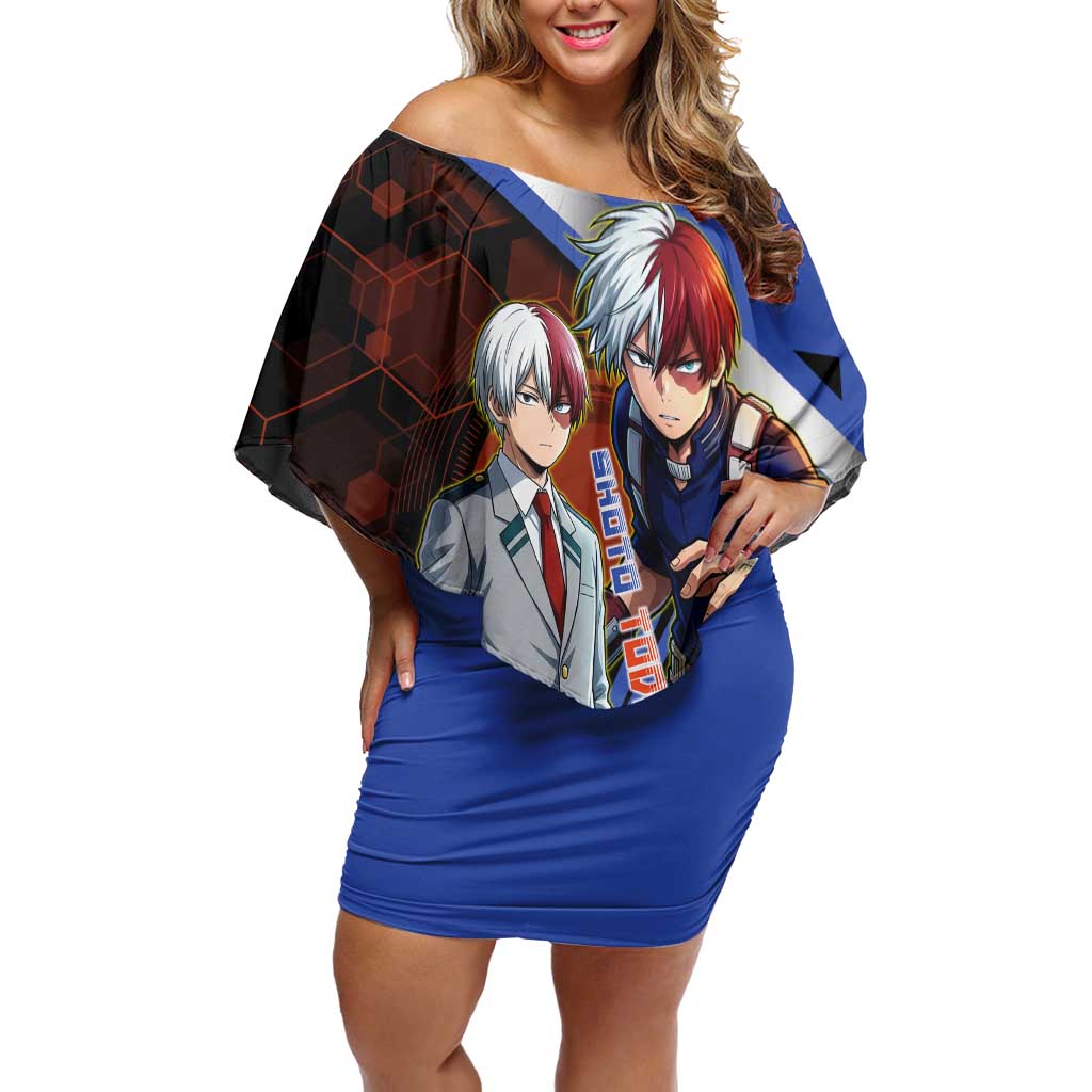 Shoto Todoroki Off Shoulder Short Dress Split Fire and Ice Anime Illustration with Elemental Energy Effects