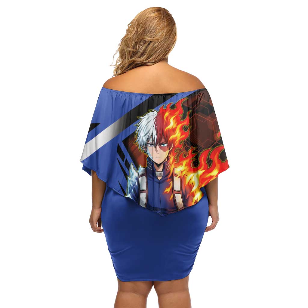 Shoto Todoroki Off Shoulder Short Dress Split Fire and Ice Anime Illustration with Elemental Energy Effects