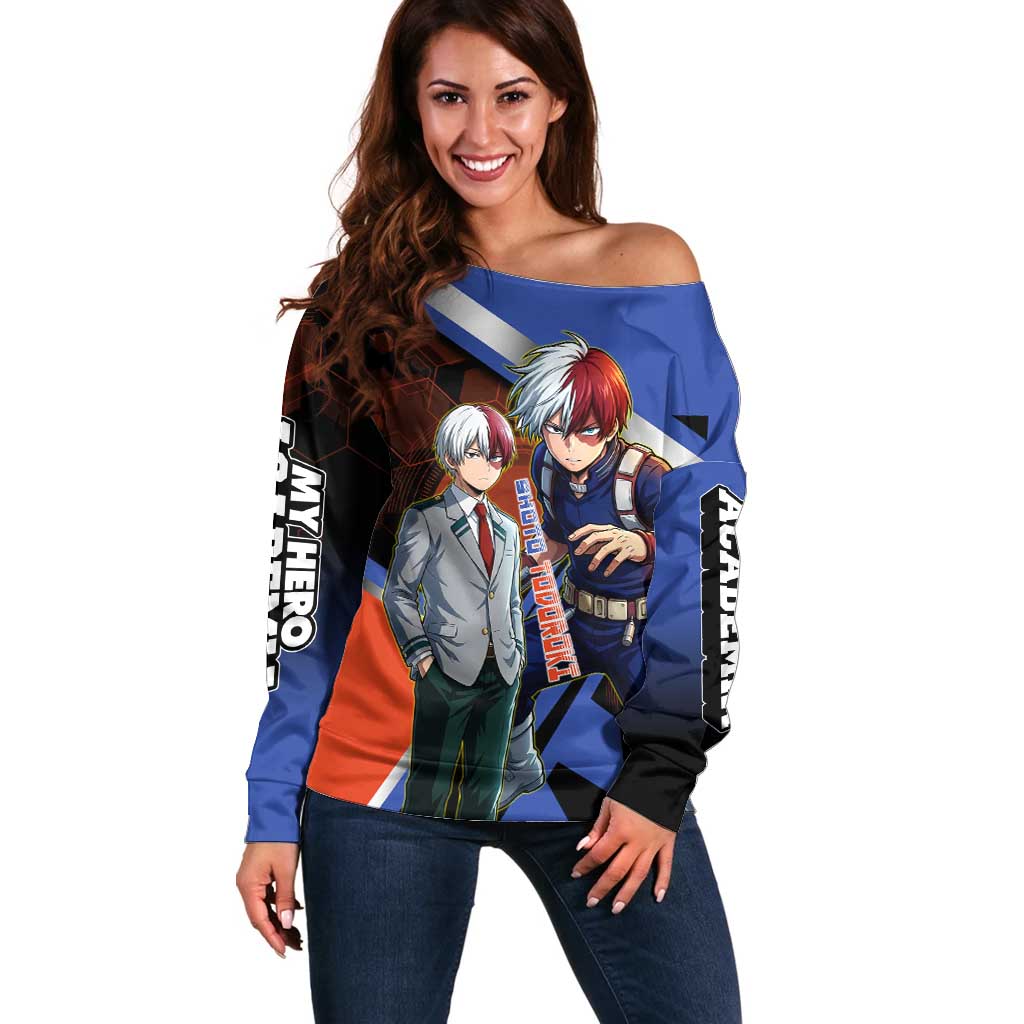 Shoto Todoroki Off Shoulder Sweater Split Fire and Ice Anime Illustration with Elemental Energy Effects