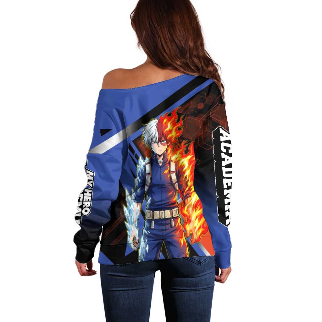 Shoto Todoroki Off Shoulder Sweater Split Fire and Ice Anime Illustration with Elemental Energy Effects