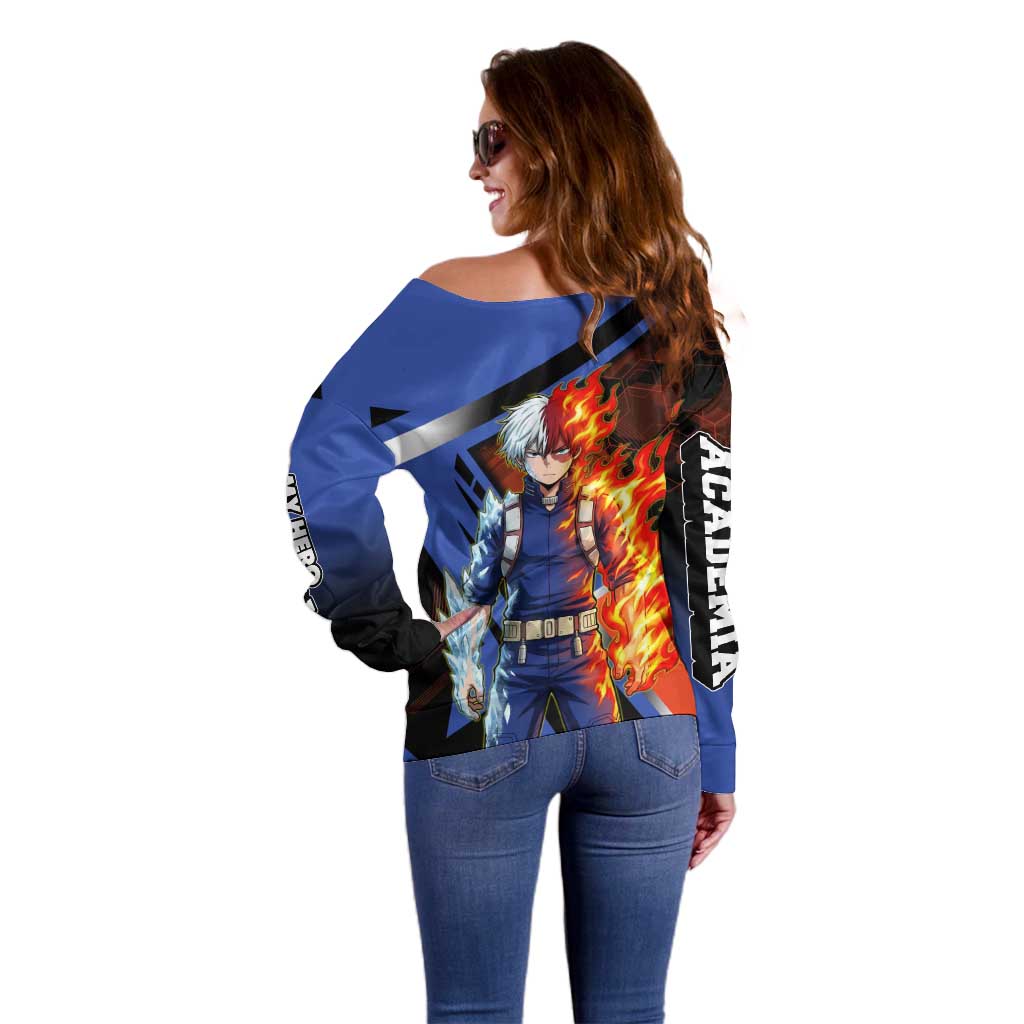 Shoto Todoroki Off Shoulder Sweater Split Fire and Ice Anime Illustration with Elemental Energy Effects