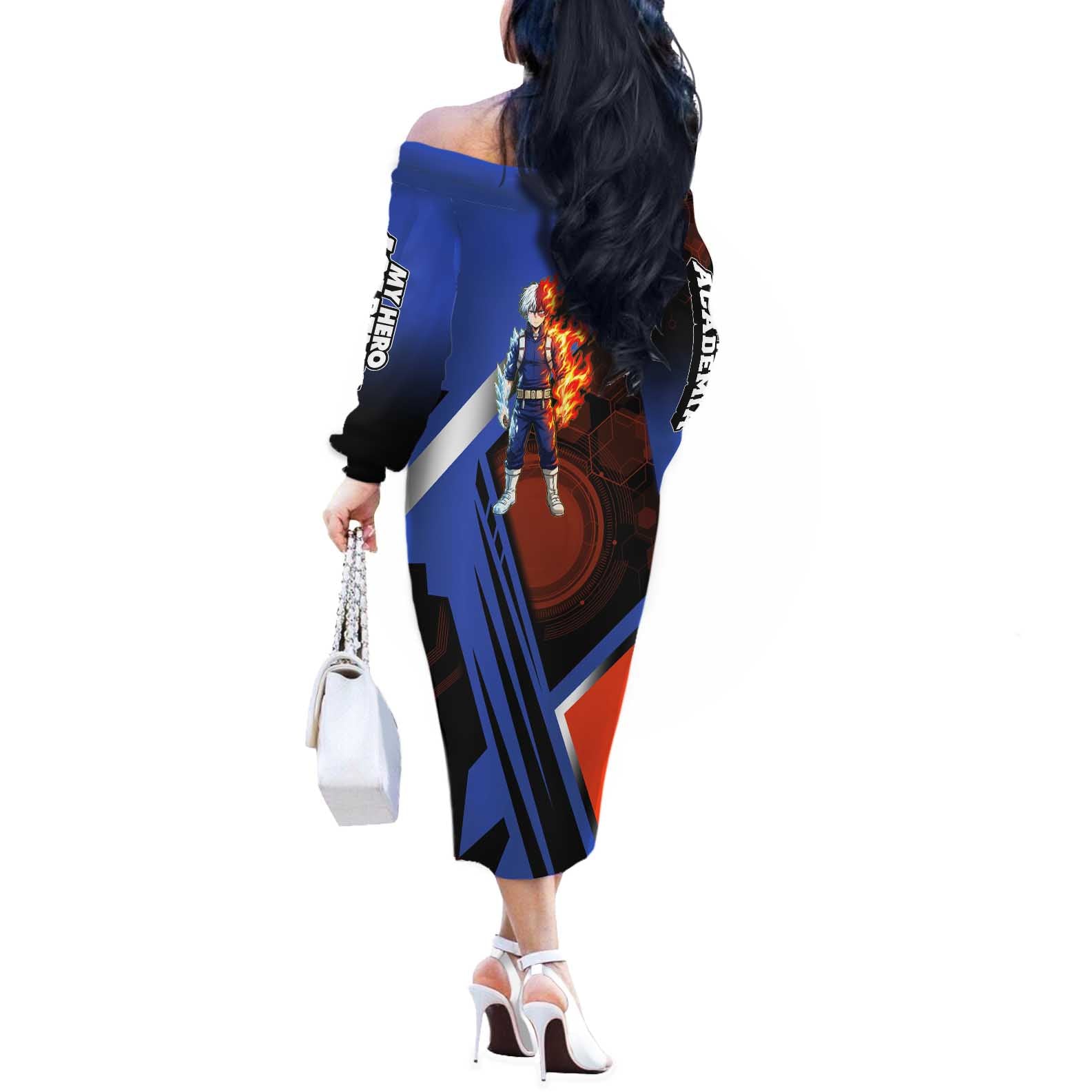 Shoto Todoroki Off The Shoulder Long Sleeve Dress Split Fire and Ice Anime Illustration with Elemental Energy Effects