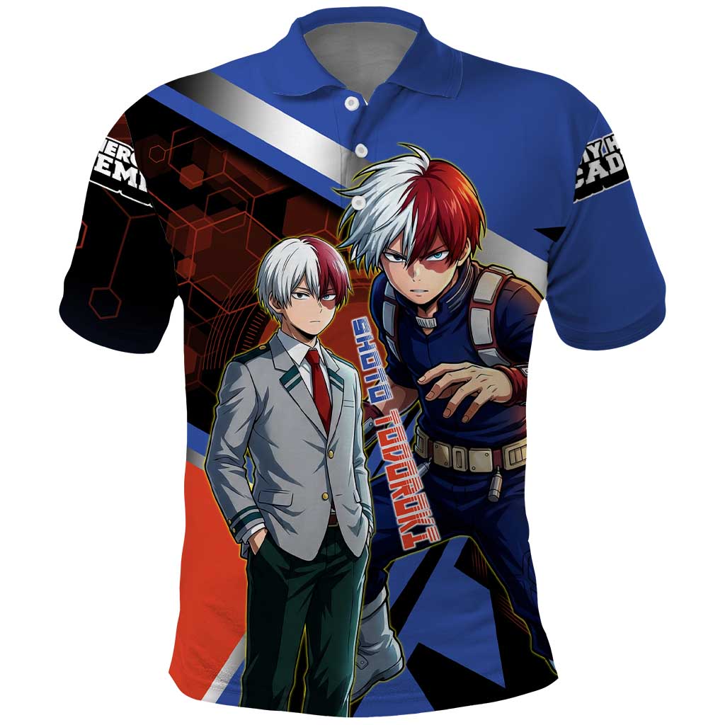 Shoto Todoroki Polo Shirt Split Fire and Ice Anime Illustration with Elemental Energy Effects