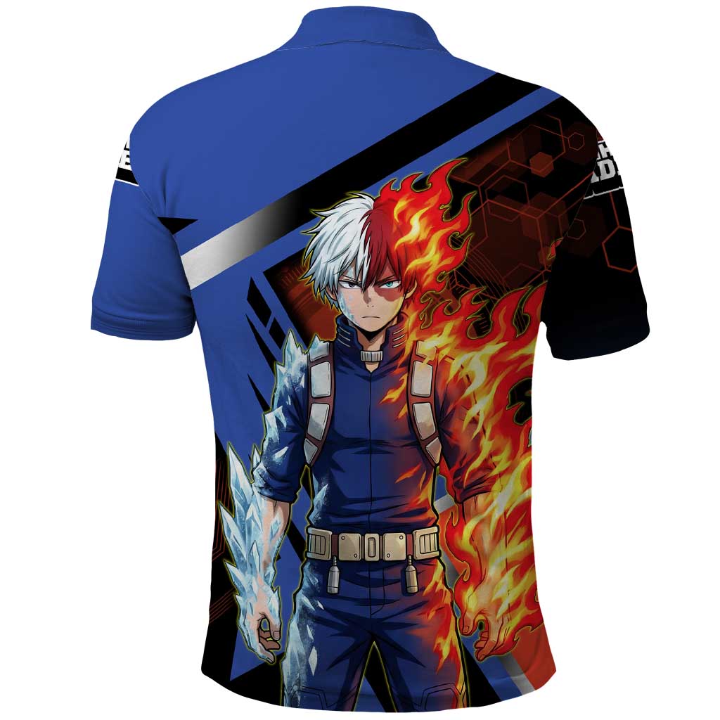 Shoto Todoroki Polo Shirt Split Fire and Ice Anime Illustration with Elemental Energy Effects