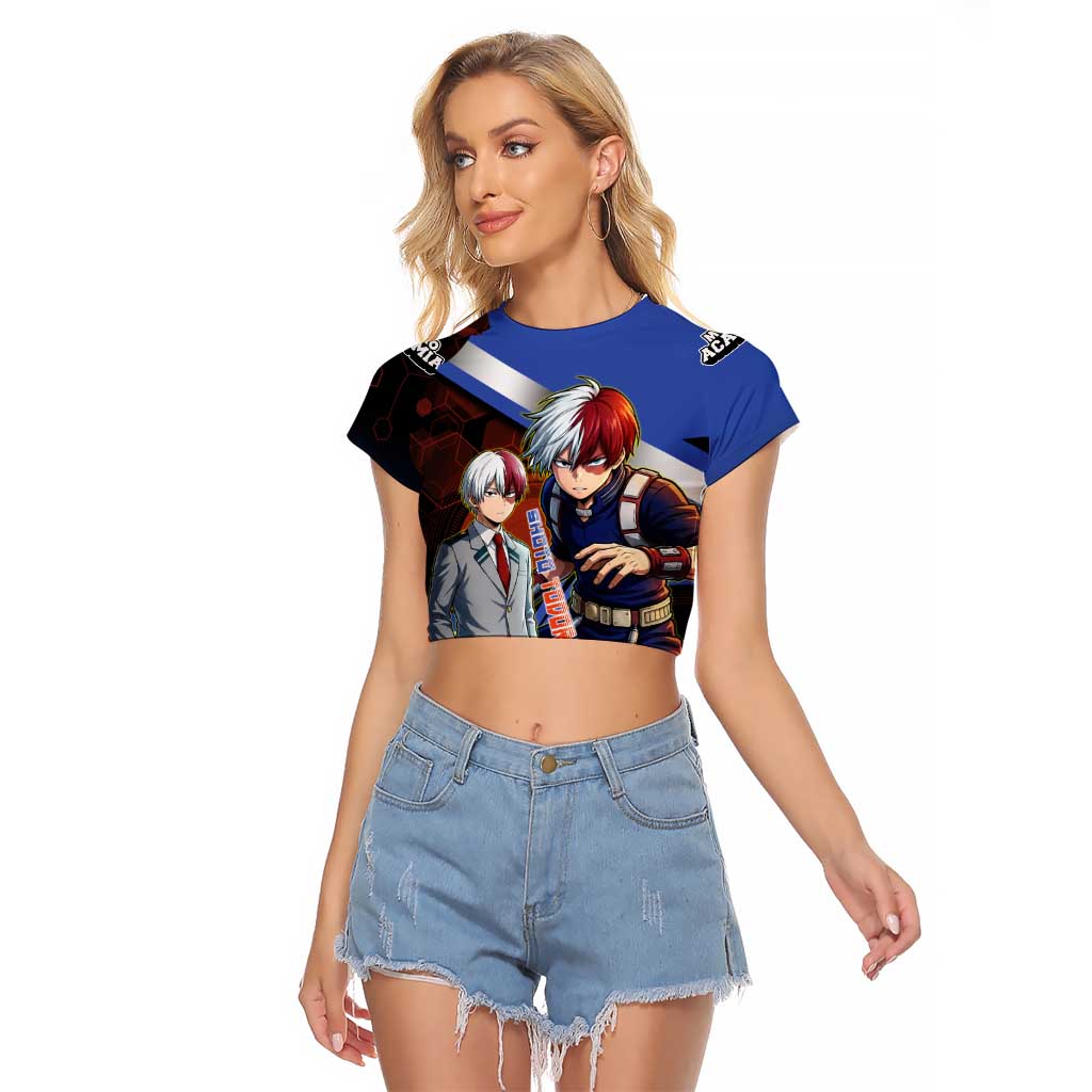 Shoto Todoroki Raglan Cropped T Shirt Split Fire and Ice Anime Illustration with Elemental Energy Effects