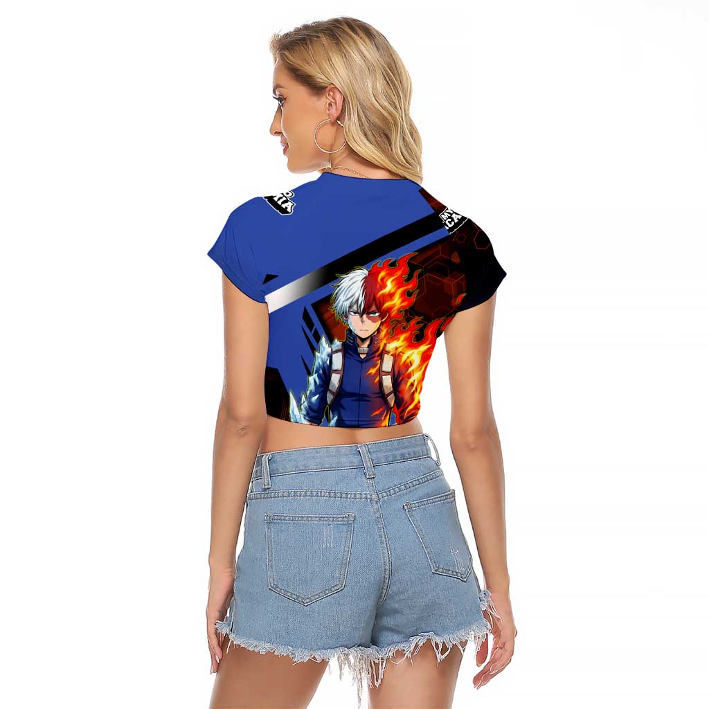Shoto Todoroki Raglan Cropped T Shirt Split Fire and Ice Anime Illustration with Elemental Energy Effects