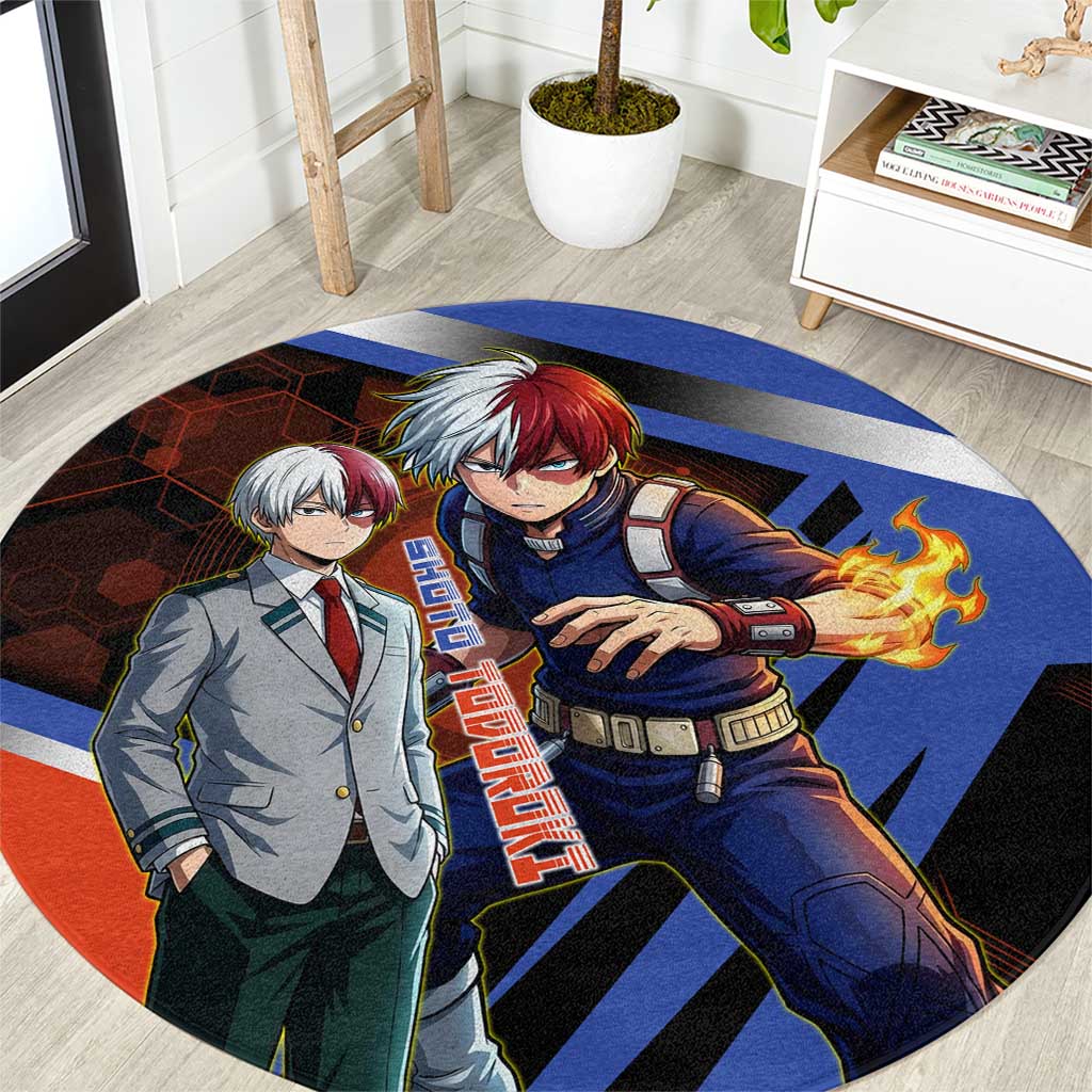Shoto Todoroki Round Carpet Split Fire and Ice Anime Illustration with Elemental Energy Effects